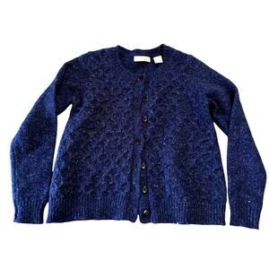 Kersh Women's Cable Knit Cardigan Medium Blue Crew Neck Button Front Wool Blend
